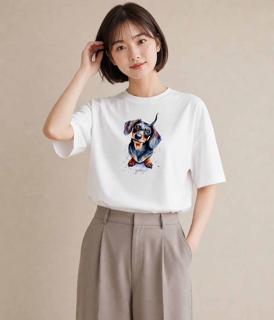 半袖Tシャツ レディース ミニチュアダックスフンド 犬 いぬ イラスト ヴィンテージ風 ギフト 母の日 白T