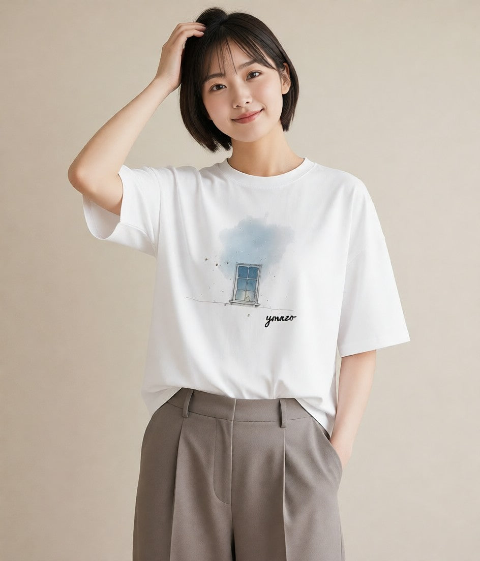 半袖Tシャツ レディース 遠い家と鳥 風景 鳥 ナチュラル アンティーク イラスト お出かけ 普段着 白T