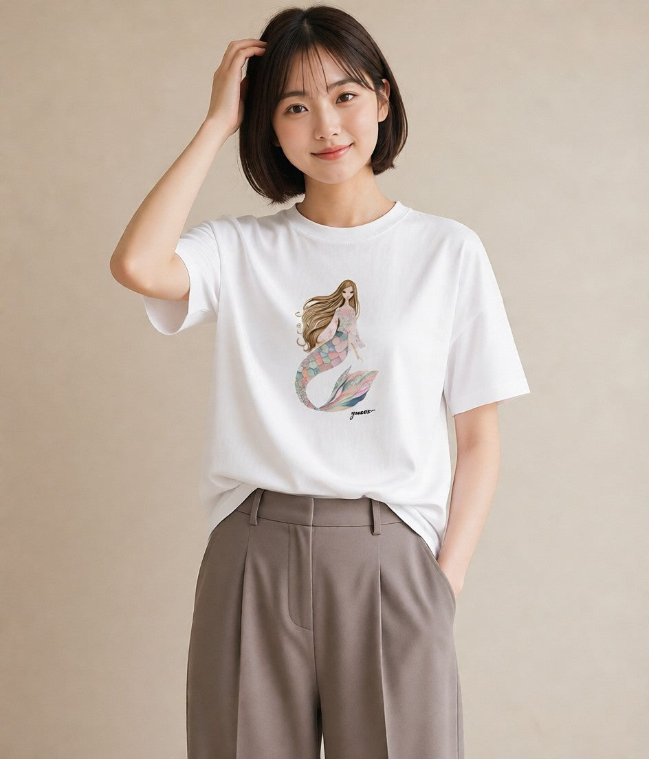プリントTシャツ レディース 人魚 海の生き物 海 イラスト 普段使い おしゃれギフト 社会人 白T