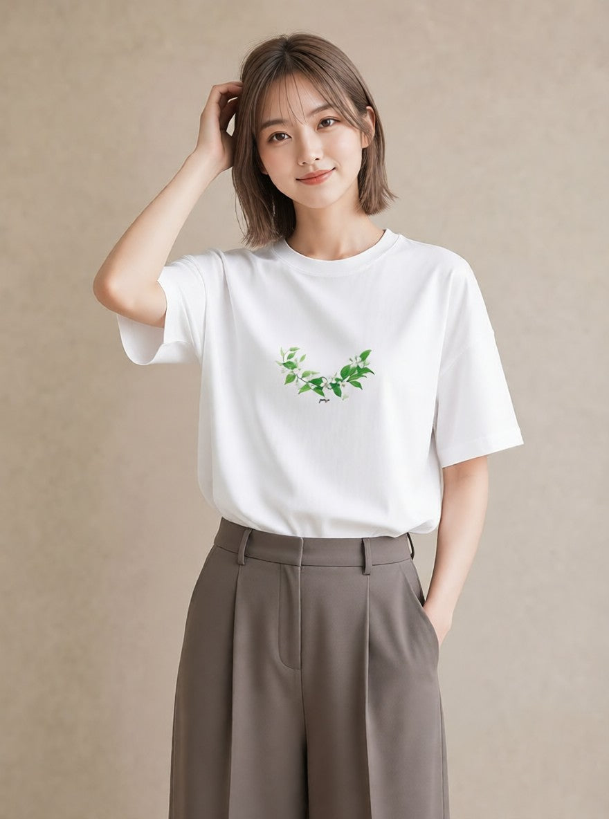 半袖Tシャツ レディース すずらん 花 花柄 イラスト きれいめカジュアル 送別ギフト 通勤 白T