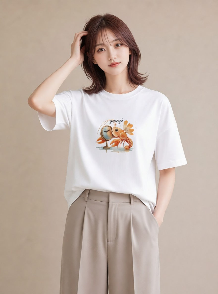 グラフィックTシャツ レディース エビ 海の生き物 海 イラスト ミニマル 綿100 デート 白T