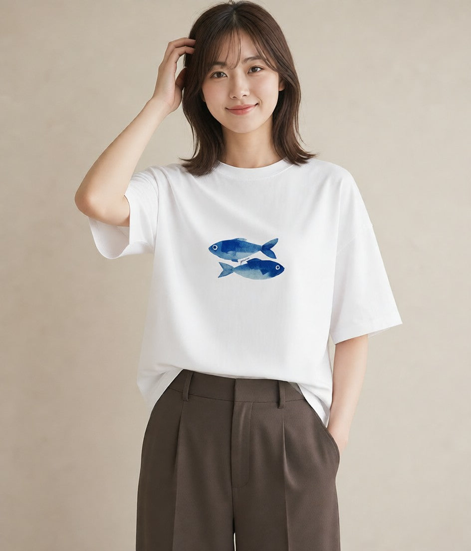 グラフィックTシャツ レディース メダカ ペット 動物 イラスト ラフカジュアル カフェ巡り 女子会 白T