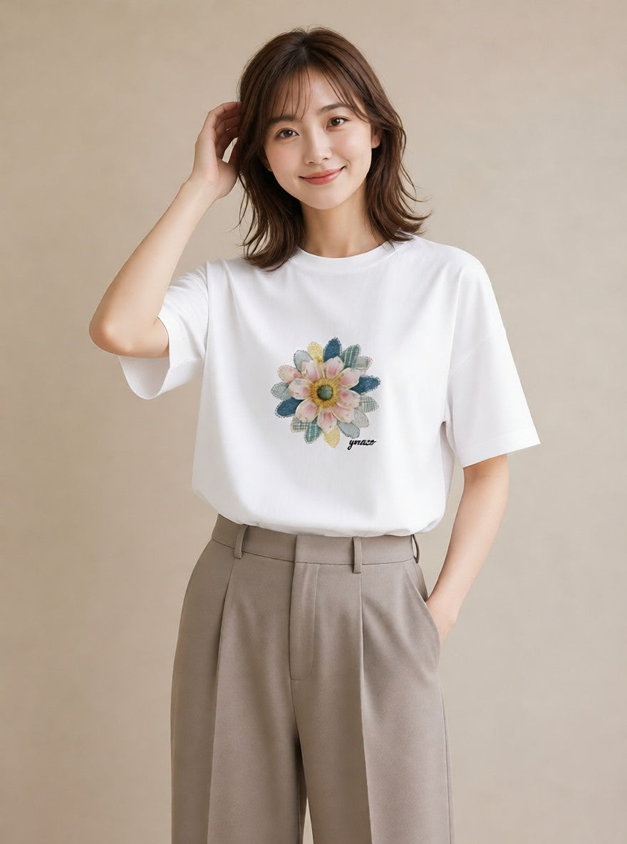 半袖Tシャツ レディース マーガレット 花 花柄 イラスト 韓国風 社会人 女性 白T