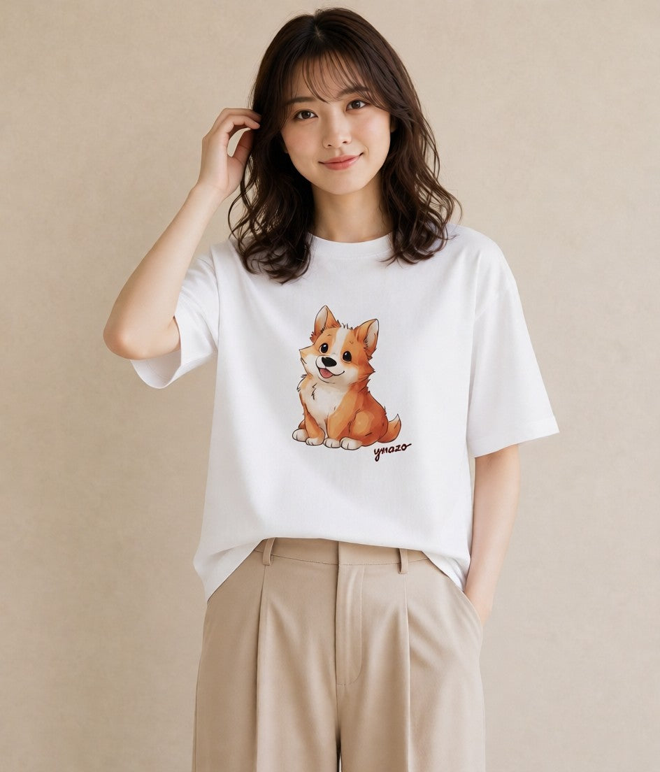 半袖Tシャツ レディース ウェルシュコーギー コーギー 犬 いぬ イラスト 女性向けギフト 散歩 白T
