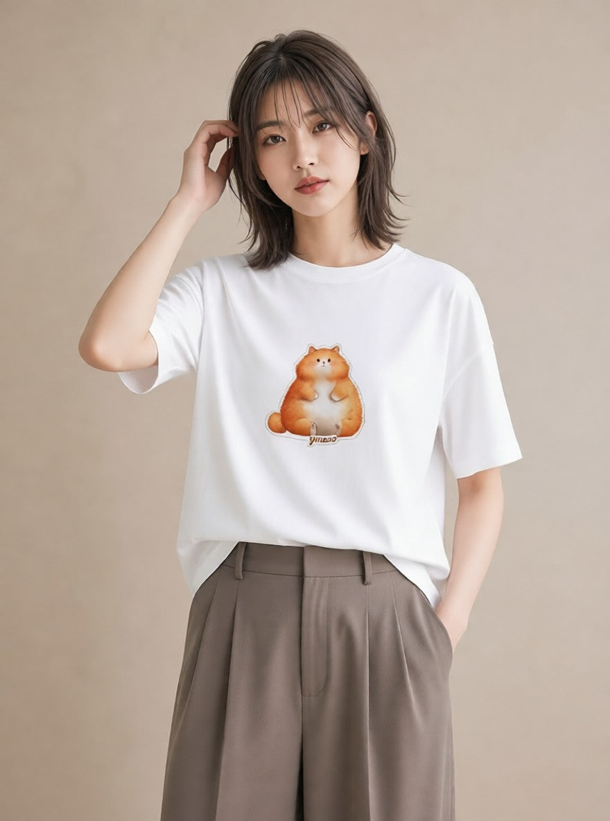 半袖Tシャツ レディース 茶トラ 茶猫 猫 ねこ イラスト ニュアンス 旅行 母娘コーデ 白T