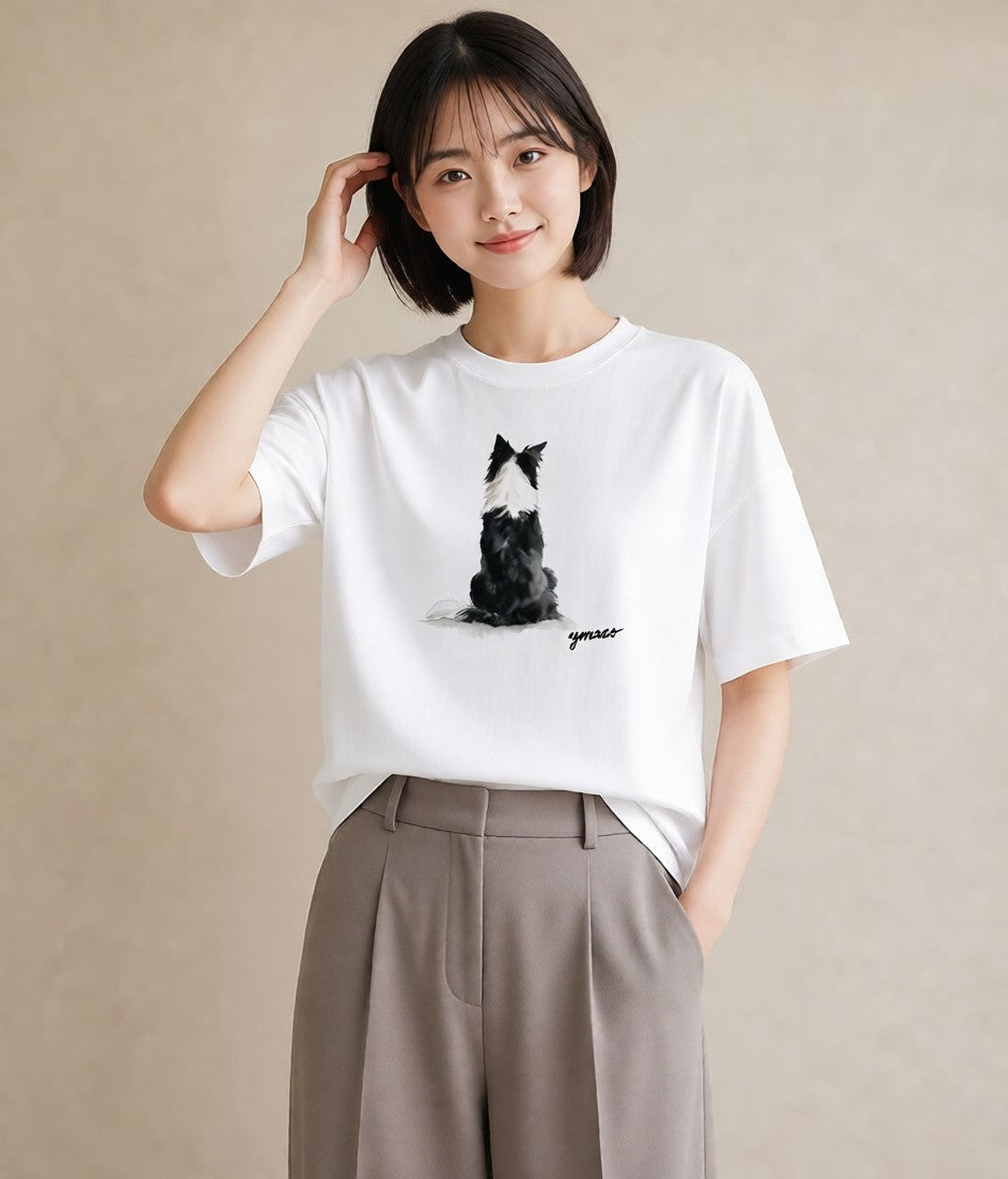 デザインTシャツ レディース ボーダーコリー 犬 いぬ イラスト ゆるコーデ 夏コーデ 通学 白T