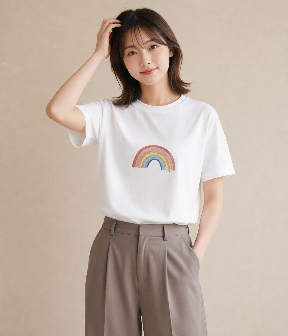 Tシャツ レディース 虹 星空 宇宙 イラスト 韓国風 在宅 公園 白T