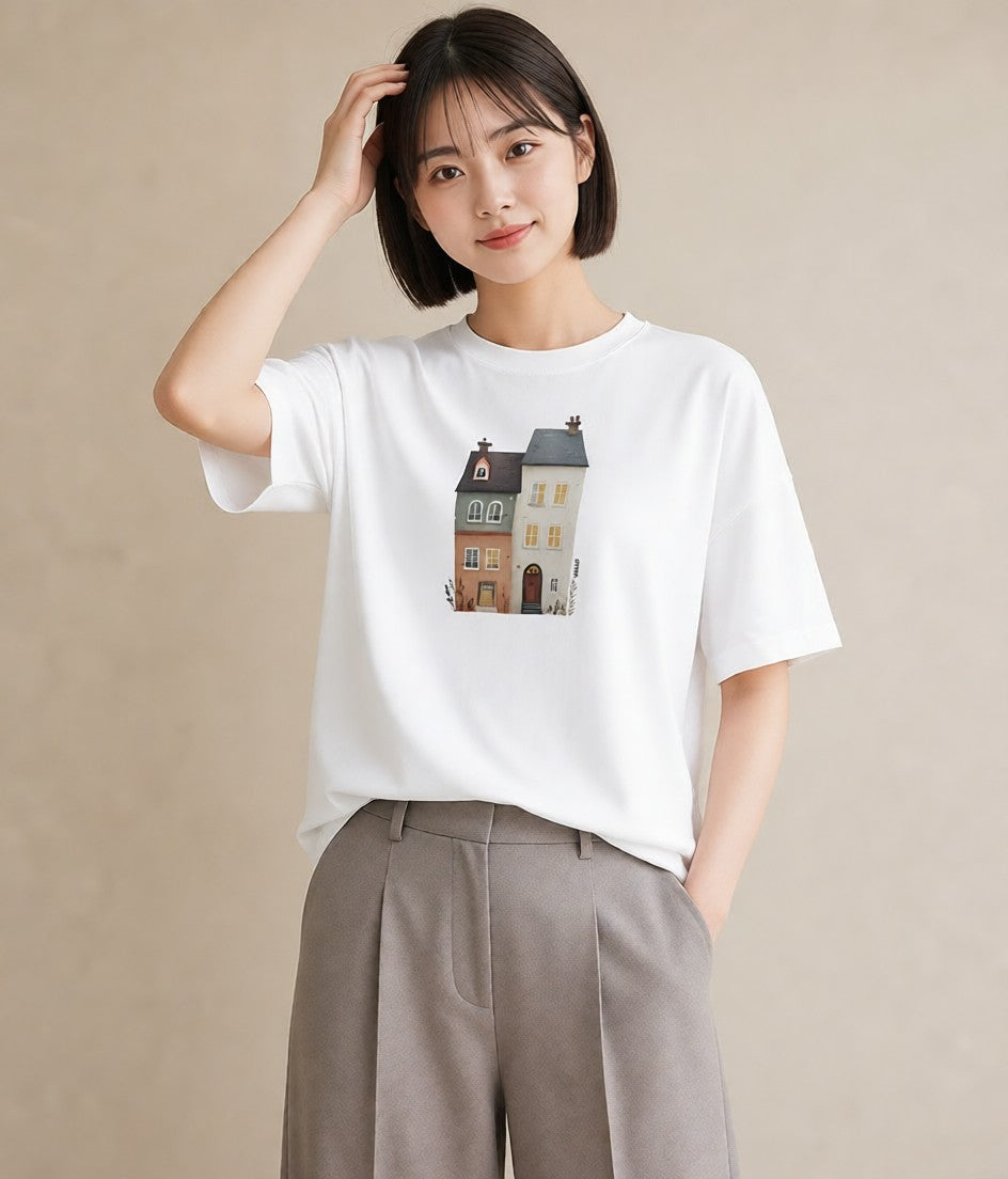 デザインTシャツ レディース 夕暮れ バルコニー 夕焼け ナチュラル アンティーク イラスト ゆるコーデ 旅行 母娘コーデ 白T