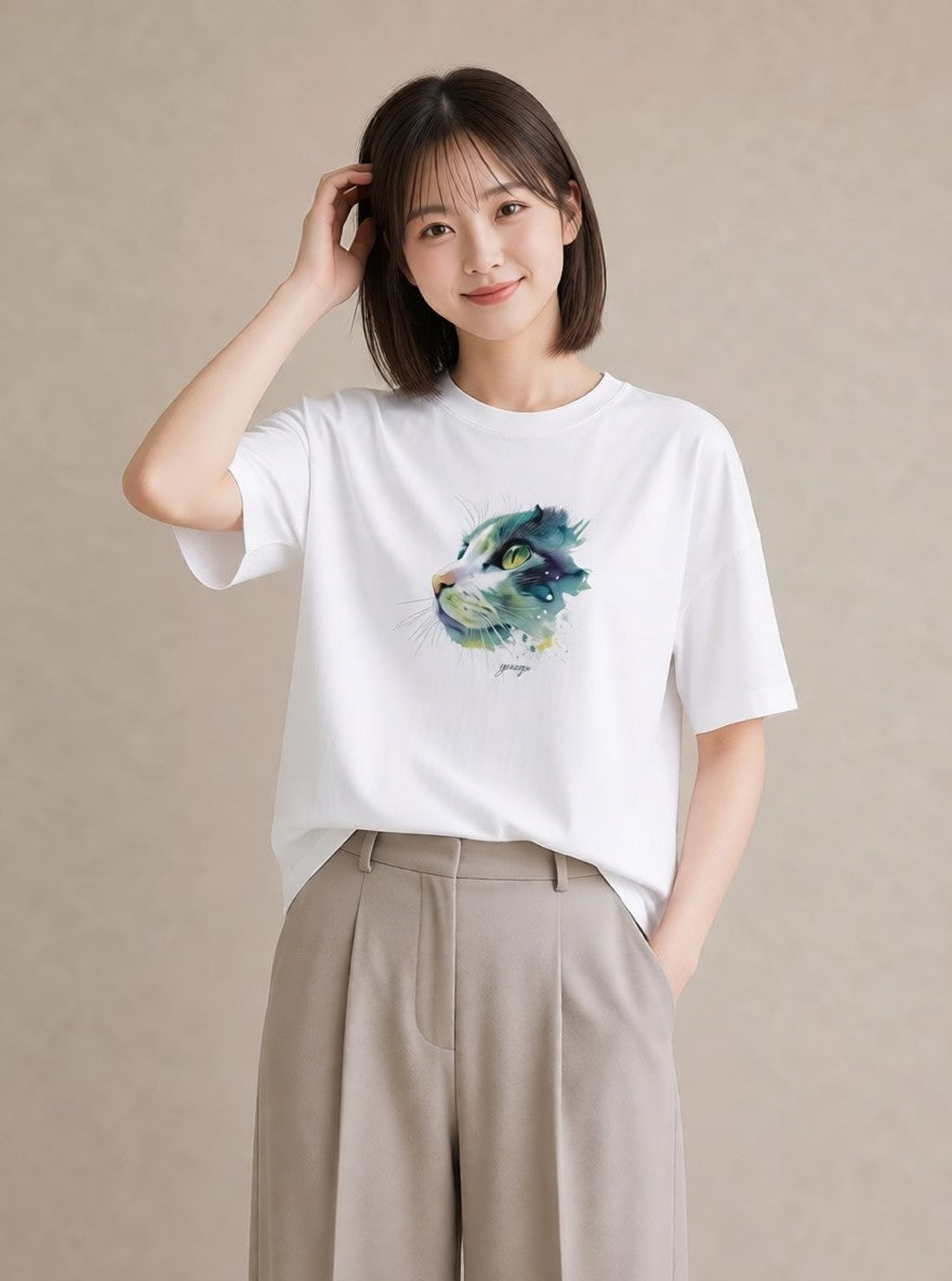 グラフィックTシャツ レディース ベンガル 猫 ねこ イラスト ミニマル 秋コーデ おしゃれギフト 白T