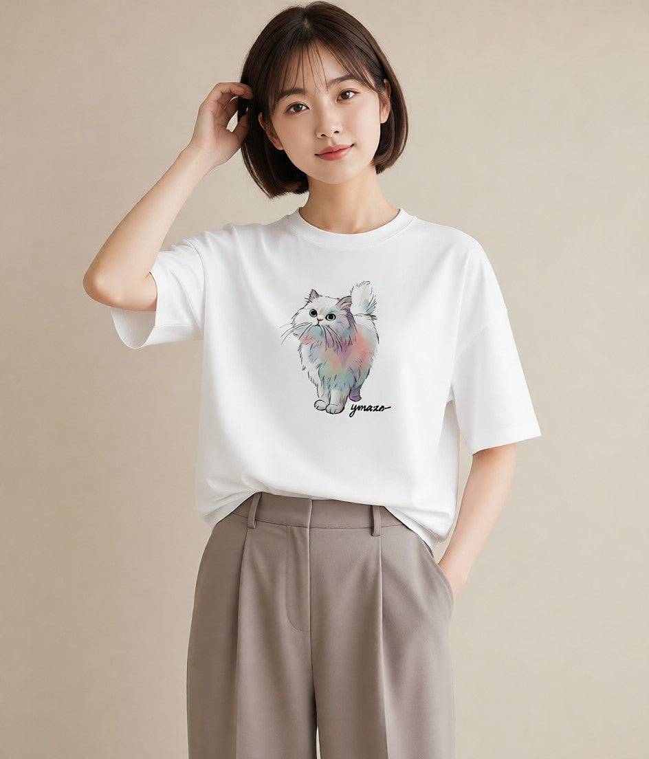 Tシャツ レディース おすわり猫 猫 ねこ イラスト モード ママ カフェ服 白T