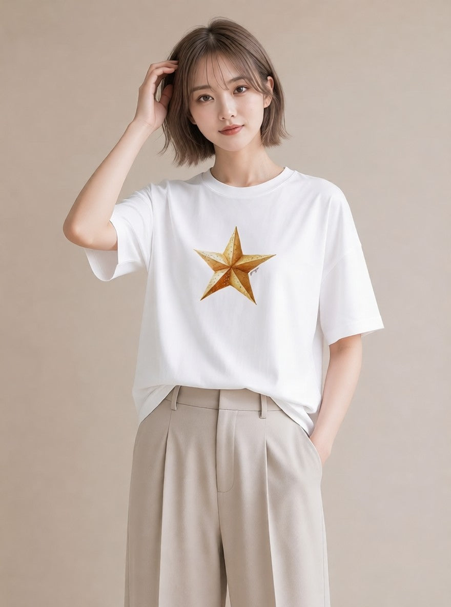 デザインTシャツ レディース スター 星空 宇宙 イラスト 水彩風 デイリーウェア 休日 白T