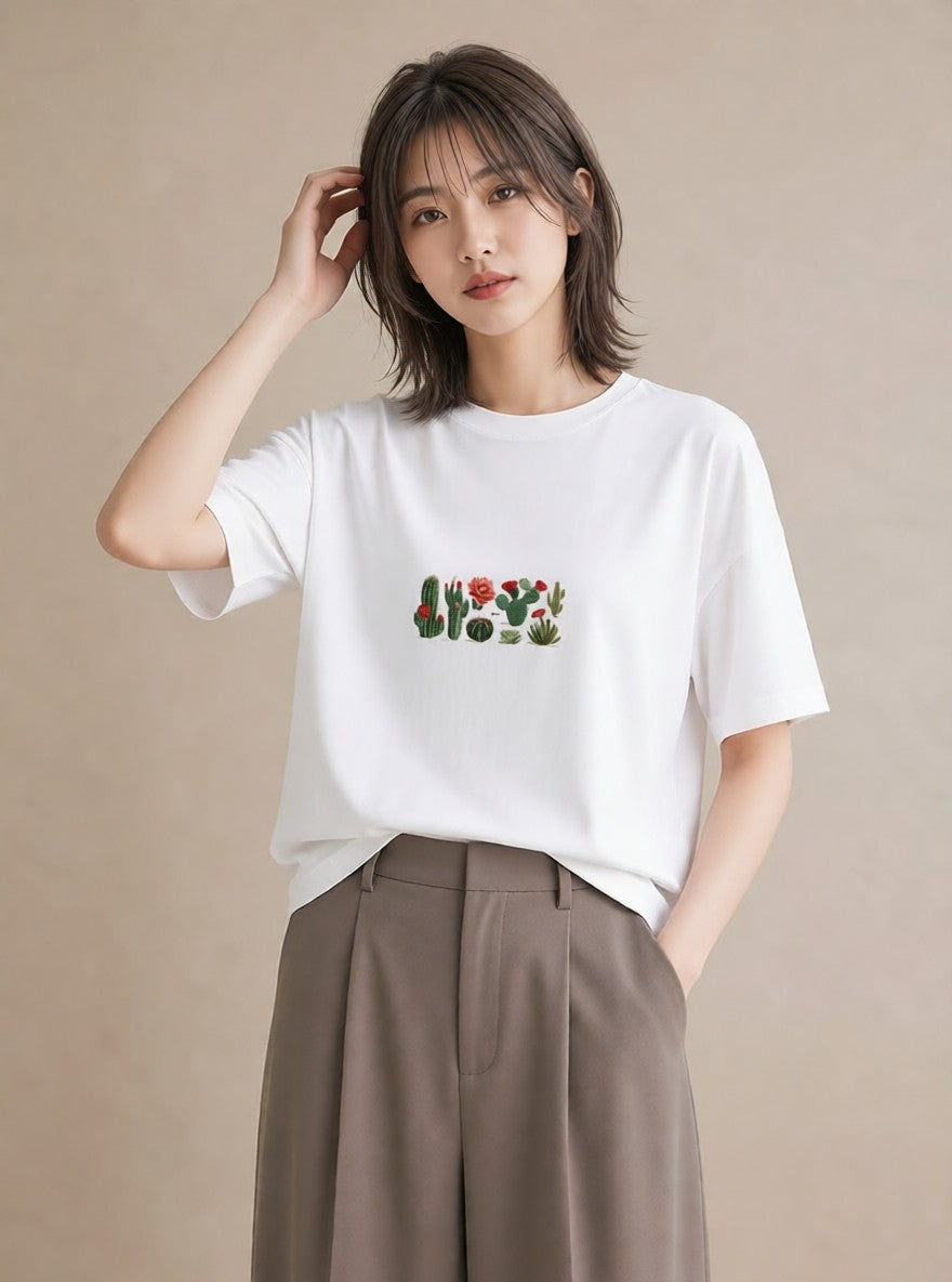 デザインTシャツ レディース サボテン 植物 ボタニカル イラスト ラフ 女性 旅行用 白T