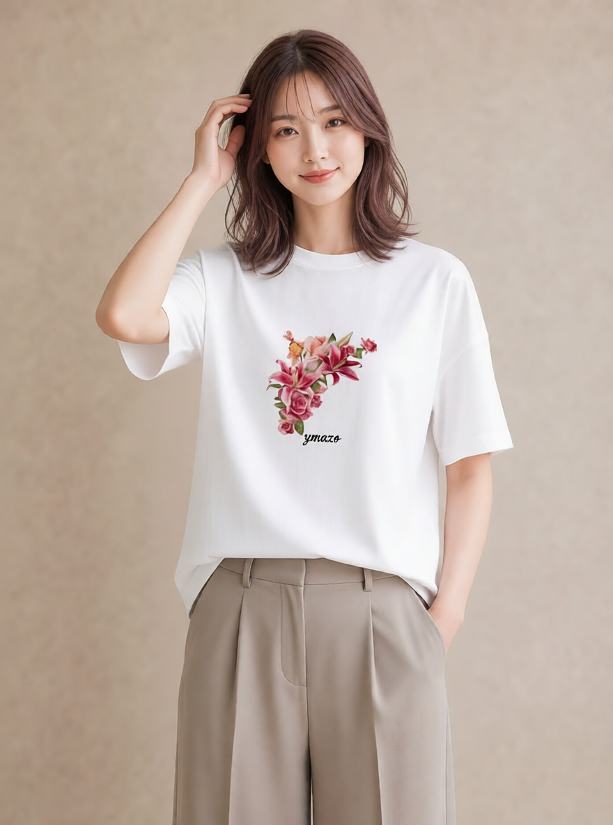 グラフィックTシャツ レディース ゆり 百合 花 花柄 イラスト カジュアル ラフ レイヤード 白T