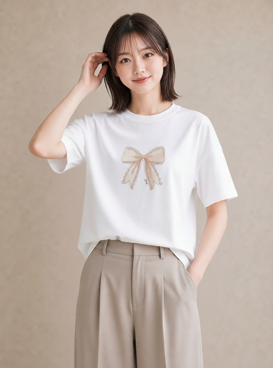 デザインTシャツ レディース レースハンカチ レース ハンカチ ナチュラル アンティーク イラスト 韓国風 自分用 ルームウェア 白T