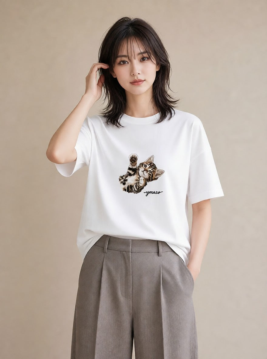 半袖Tシャツ レディース ベンガル 猫 ねこ イラスト きれいめ 誕生日プレゼント 綿100 白T