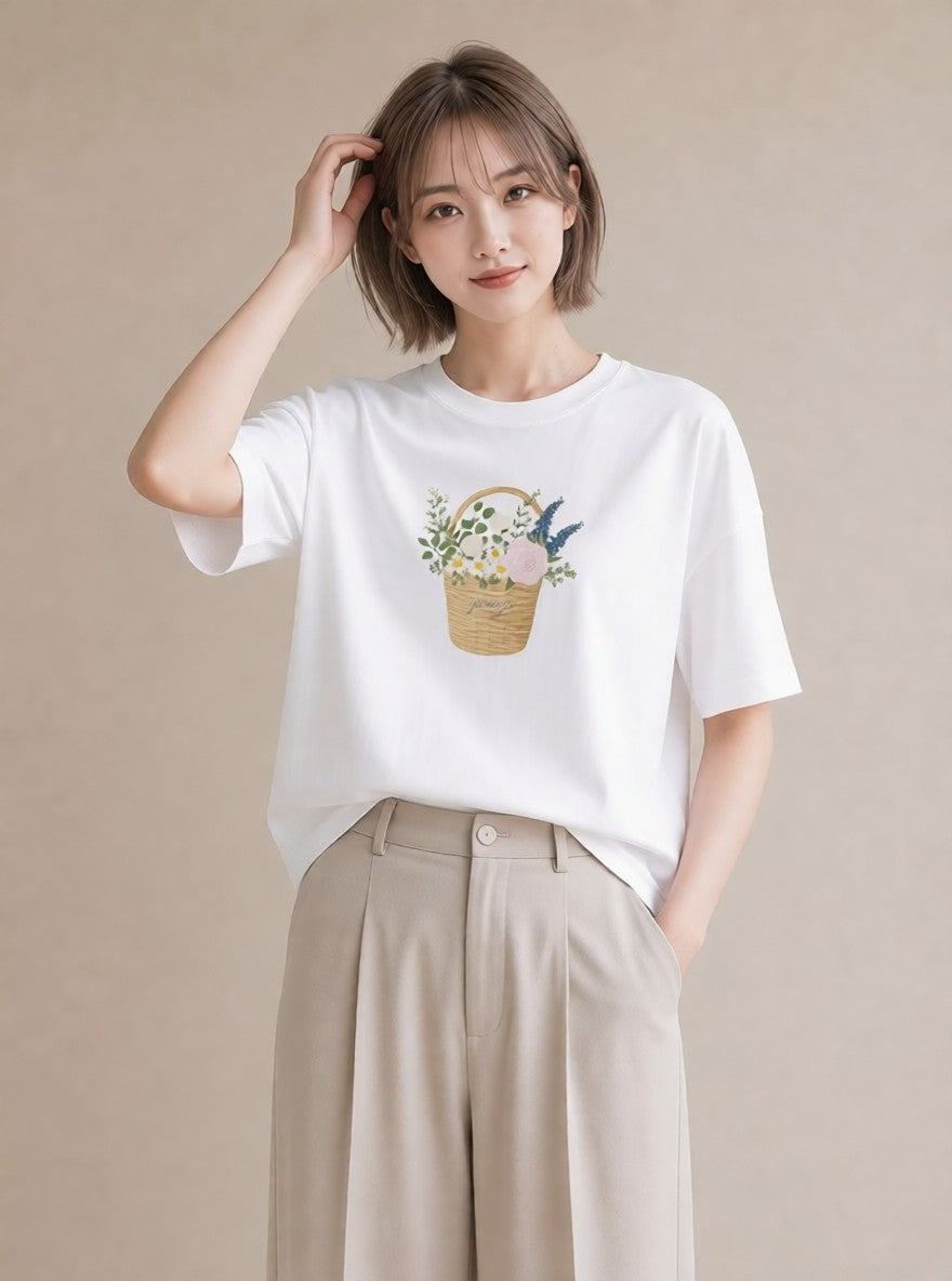 グラフィックTシャツ レディース 自転車のかご 自転車 花かご ナチュラル アンティーク イラスト 旅行 母娘コーデ 白T