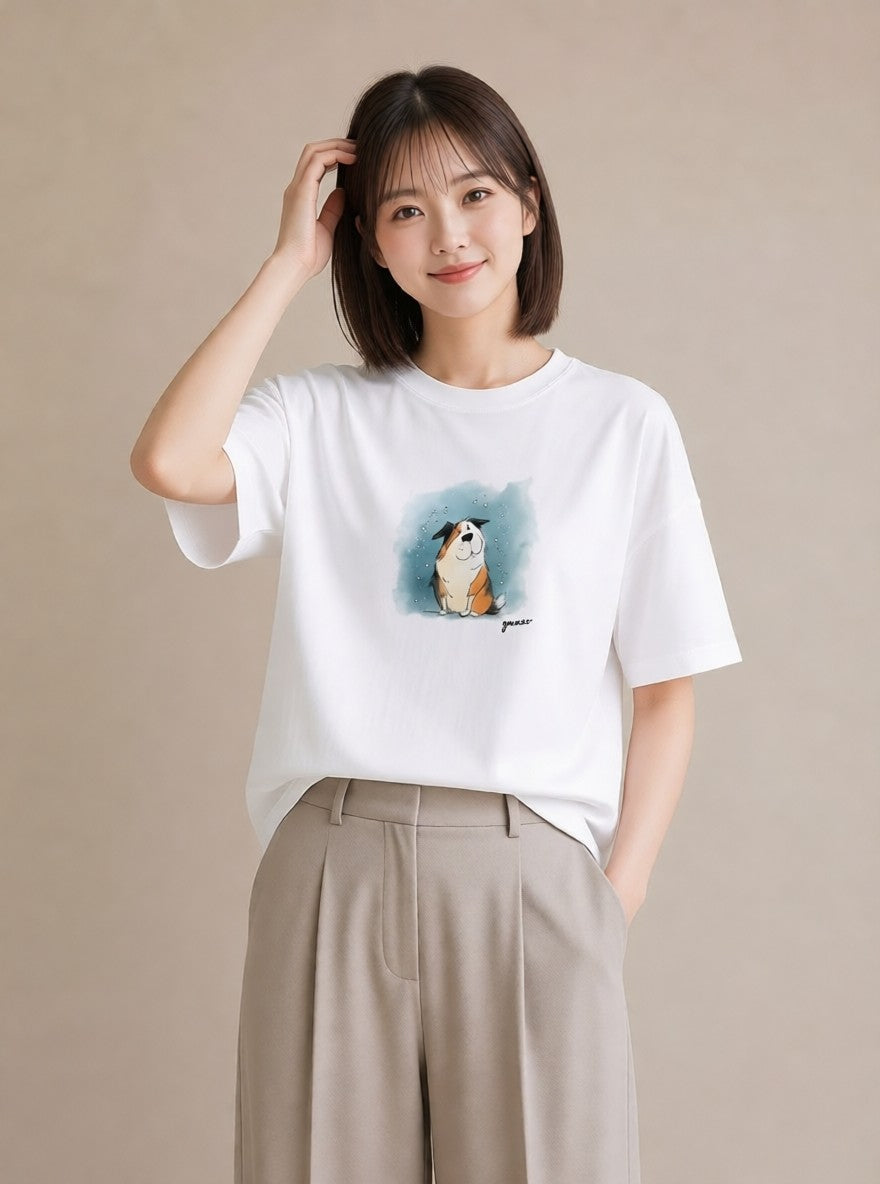 プリントTシャツ レディース ボーダーコリー 犬 いぬ イラスト ガーリー カジュアルコーデ 買い物 白T