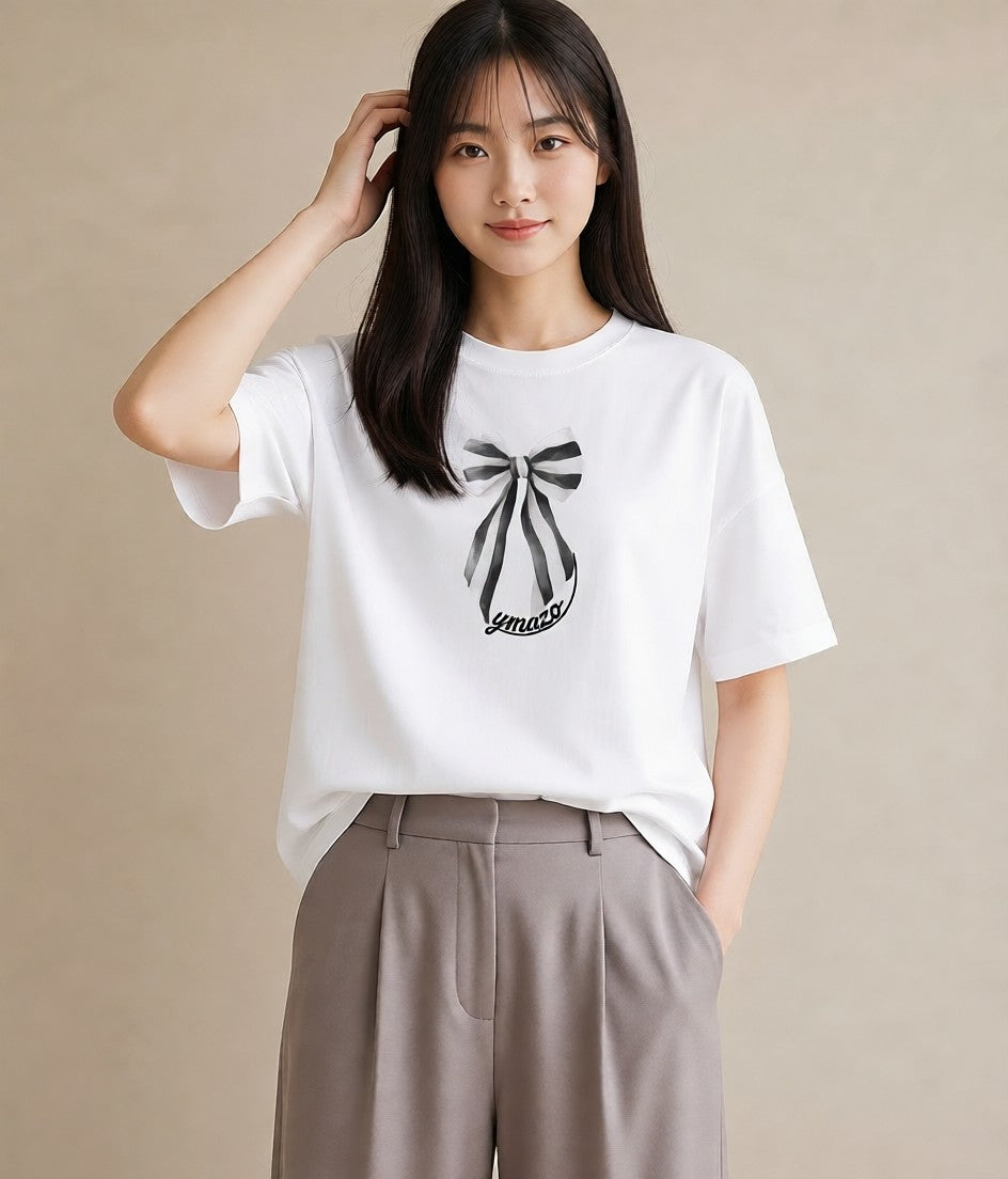 プリントTシャツ レディース リボン 蝶結び ナチュラル アンティーク イラスト 休日 ペアコーデ 白T