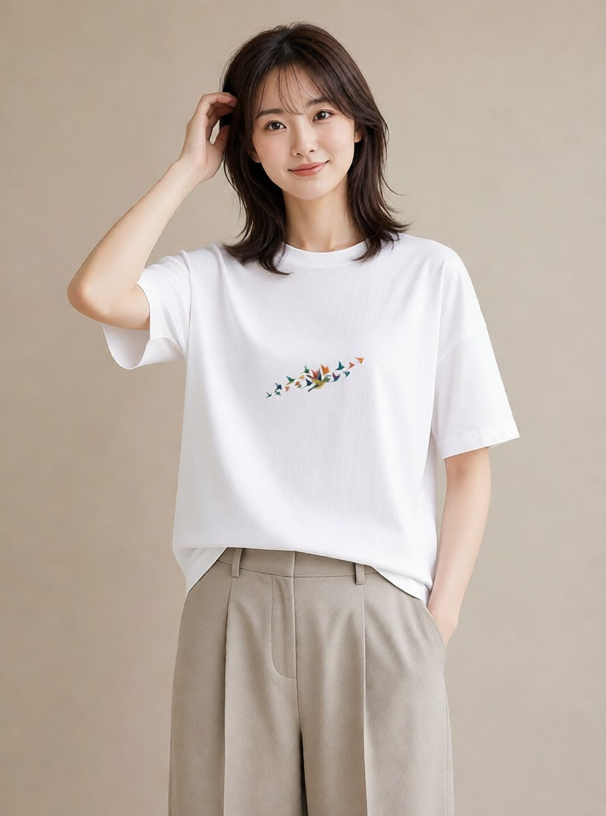デザインTシャツ レディース 遠い家と鳥 風景 鳥 ナチュラル アンティーク イラスト 手描き風 週末コーデ 敬老の日 白T