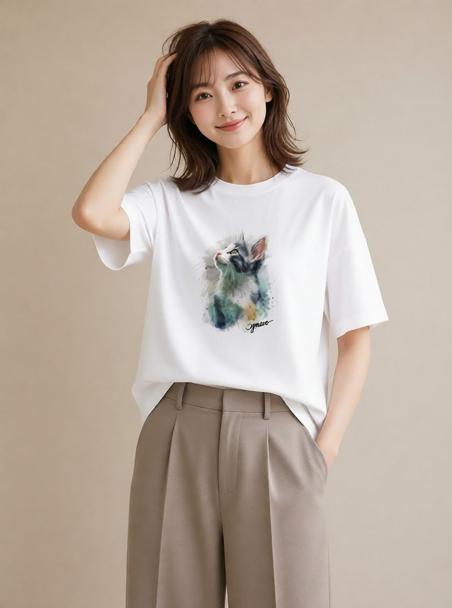 半袖Tシャツ レディース しっぽ 猫 ねこ イラスト ゆるコーデ 綿100 デート 白T