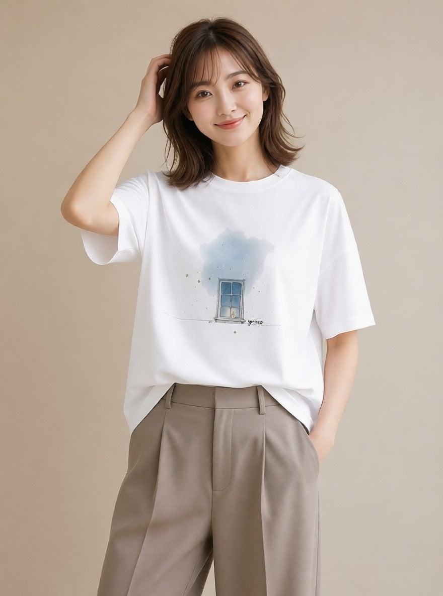 Tシャツ レディース 夕暮れ バルコニー 夕焼け ナチュラル アンティーク イラスト 線画 旅行用 海 白T