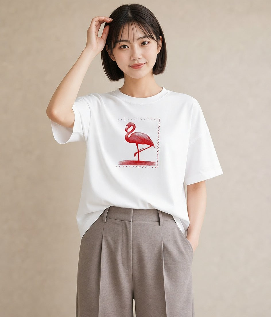 デザインTシャツ レディース フラミンゴ 動物 アニマル イラスト 上品 買い物 夏コーデ 白T