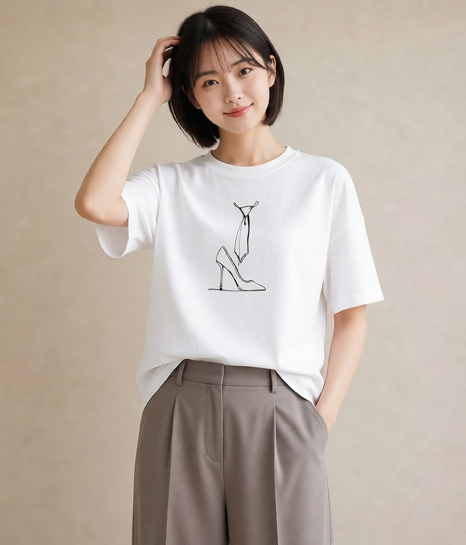 Tシャツ レディース バレエシューズ バレエ トウシューズ ナチュラル アンティーク イラスト 線画 カフェ巡り 女子会 白T