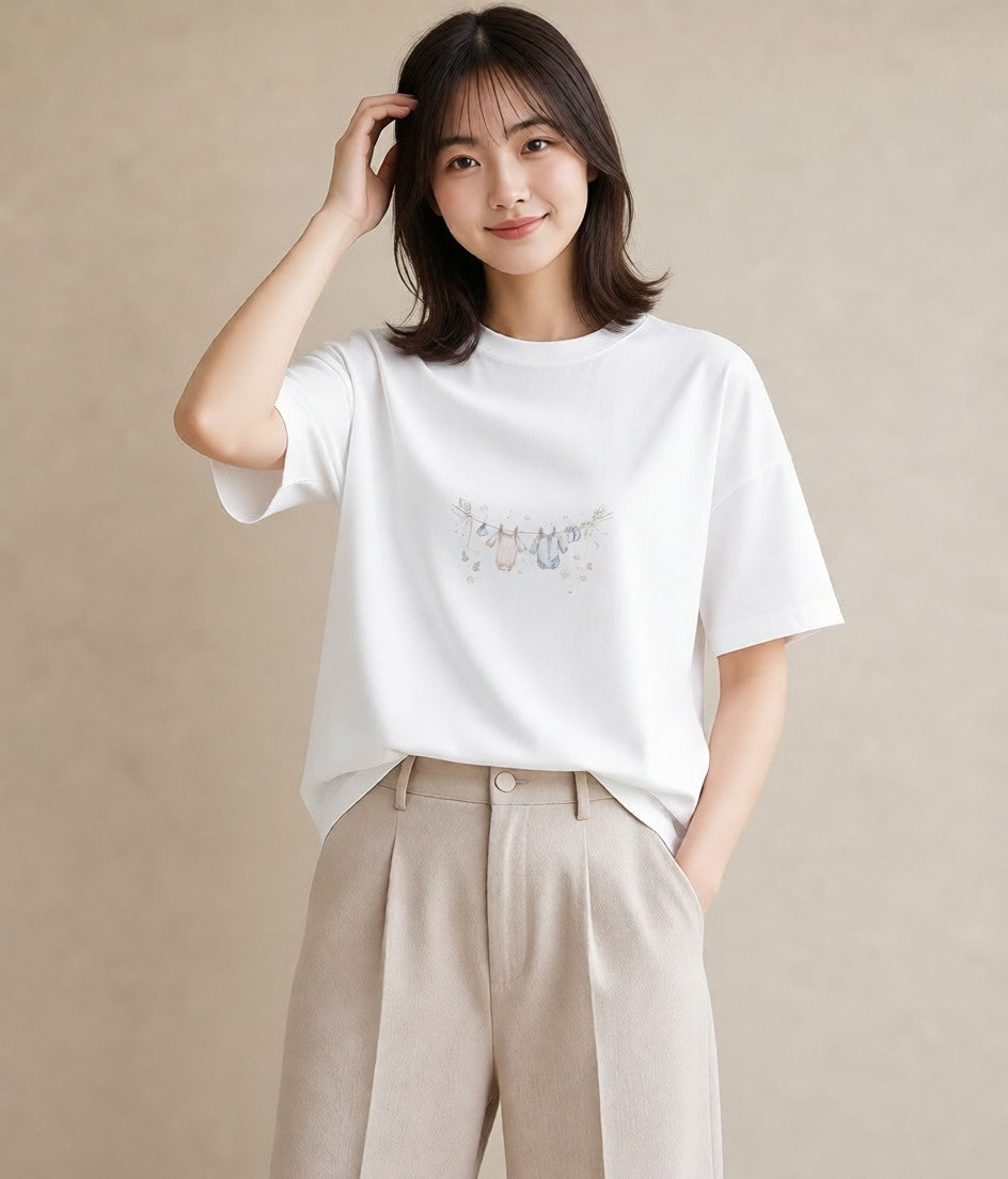 グラフィックTシャツ レディース 洗濯物 風 ナチュラル アンティーク イラスト ポップ 自分用 ルームウェア 白T
