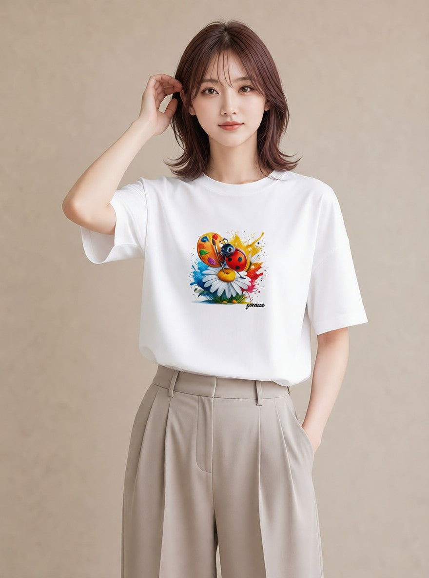 プリントTシャツ レディース てんとう虫 昆虫 虫 イラスト 上品 自分用 ルームウェア 白T