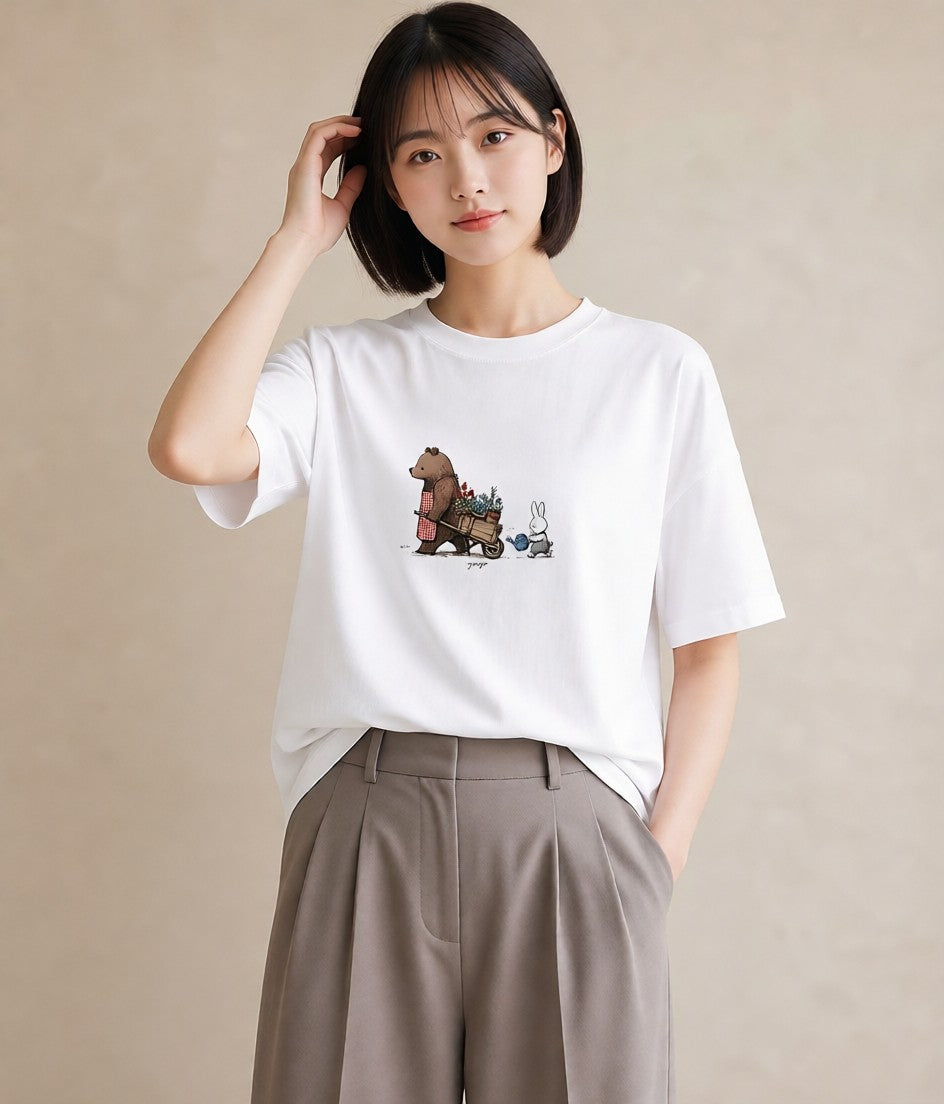 半袖Tシャツ レディース 小花 花 フラワー イラスト 淡色 母娘コーデ 自分用 白T