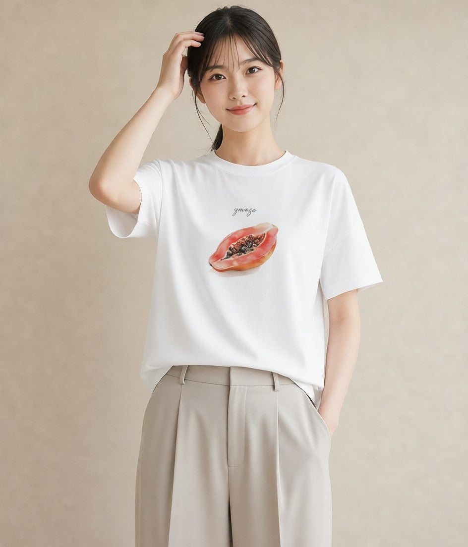 半袖Tシャツ レディース メロン 食べ物 フード イラスト ミニマル ミセス 春コーデ 白T