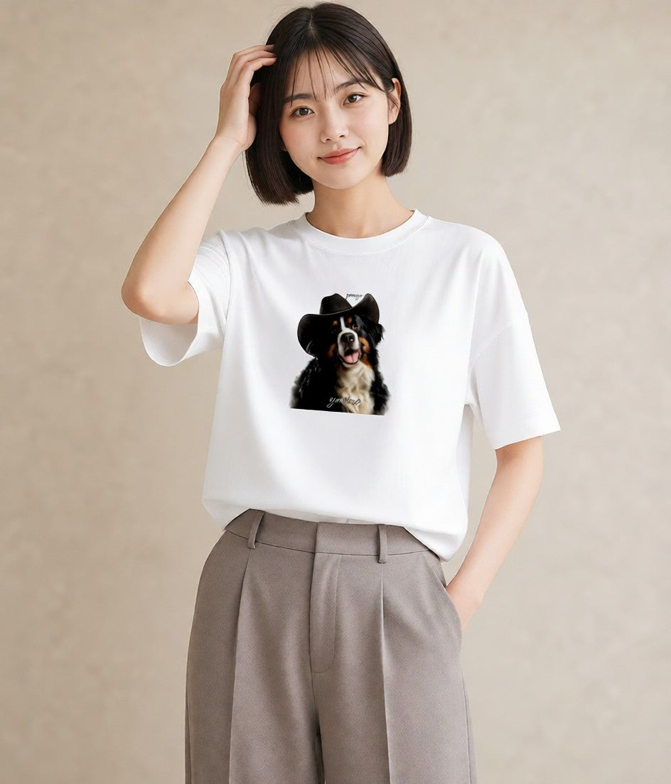 Tシャツ レディース バーニーズマウンテンドッグ 犬 いぬ イラスト ガーリー ラフ レイヤード 白T