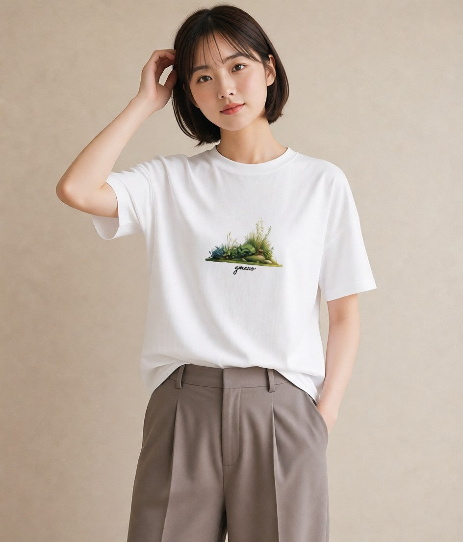 Tシャツ レディース 芝生 植物 ボタニカル イラスト 抜け感 散歩 お出かけ 白T