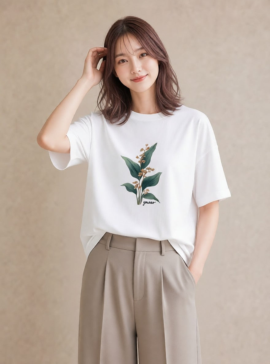 半袖Tシャツ レディース 金木犀 花 花柄 イラスト フェミニン 在宅 公園 白T