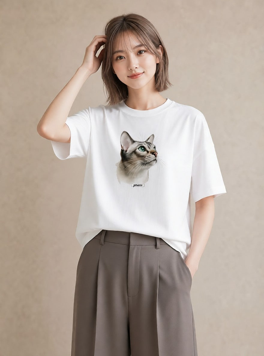 デザインTシャツ レディース 白猫 猫 ねこ イラスト アート風 敬老の日 ホワイトデー 白T
