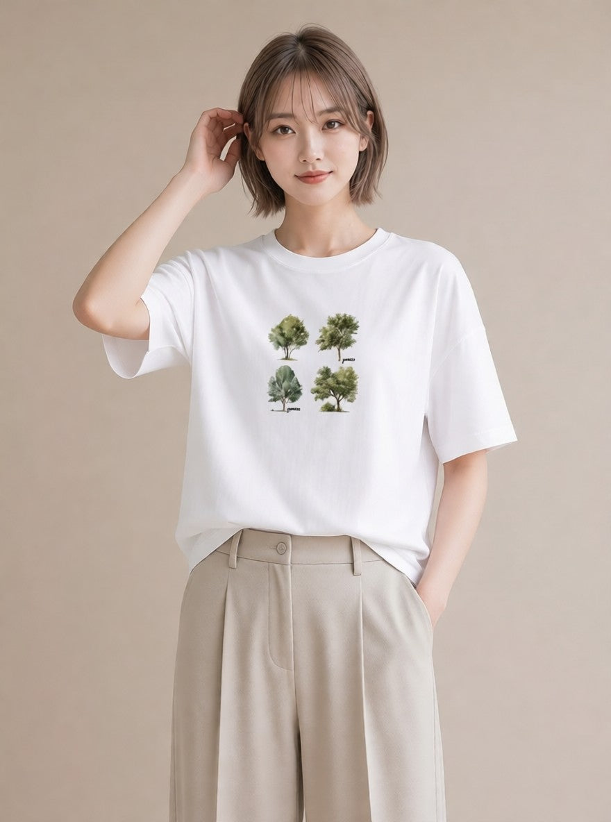 グラフィックTシャツ レディース 森 植物 ボタニカル イラスト ガーリー 送別ギフト 通勤 白T