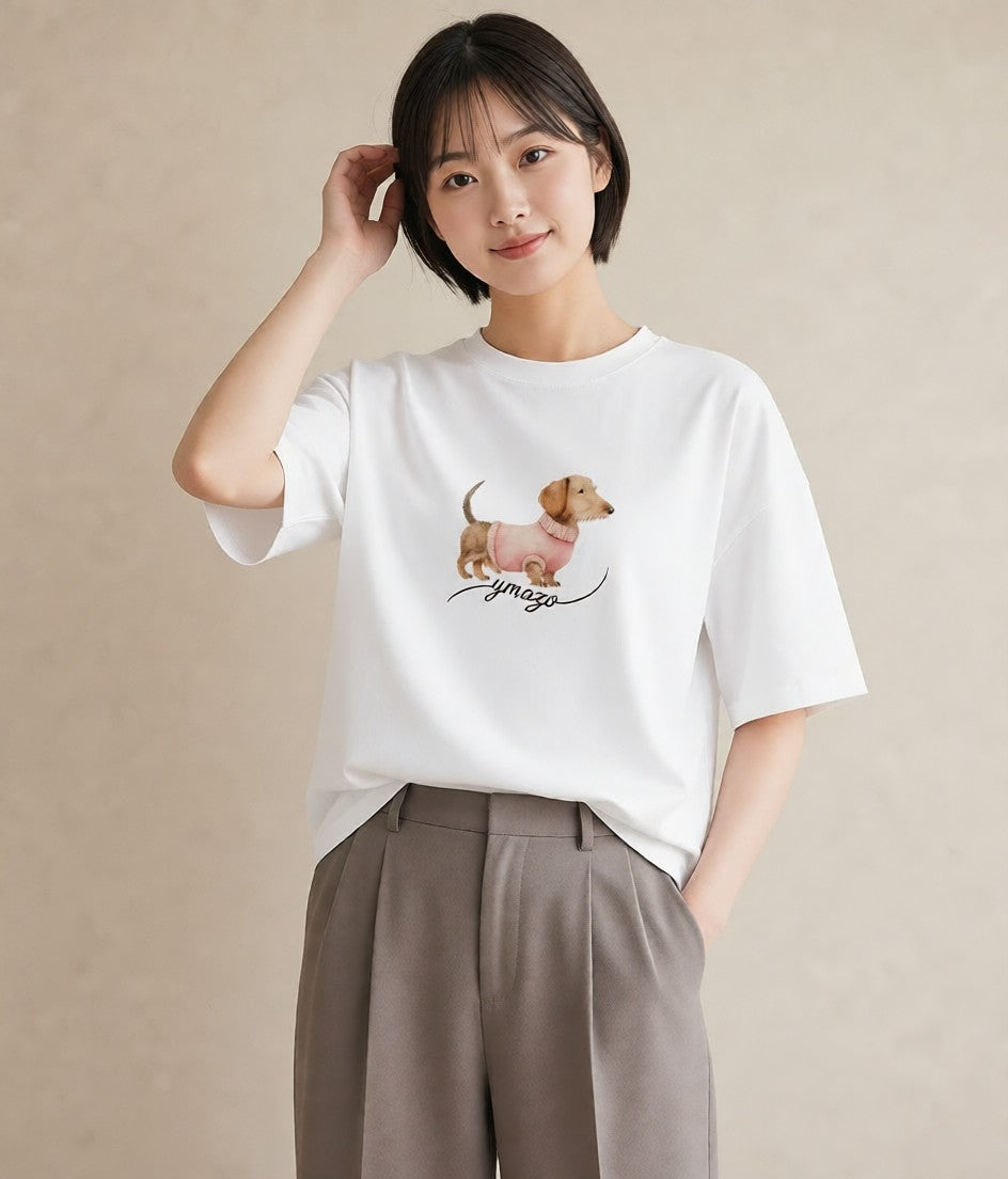 Tシャツ レディース ミニチュアダックスフンド 犬 いぬ イラスト ナチュラル 友達ギフト 部屋着 白T