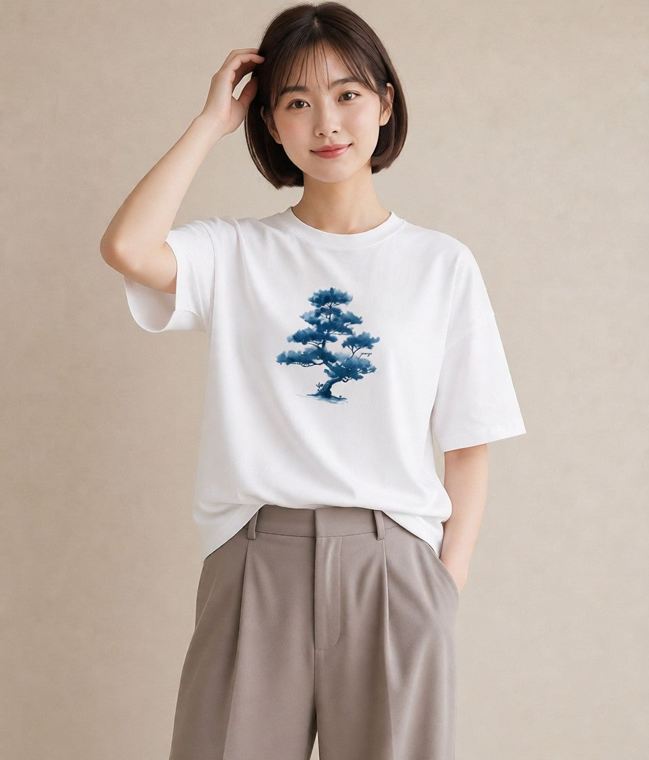 半袖Tシャツ レディース 青の水彩 風景 ブルー ナチュラル アンティーク イラスト ママ カフェ服 白T