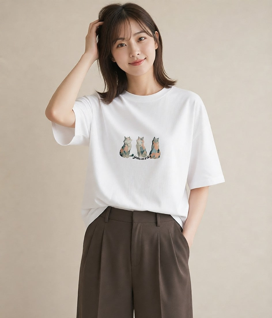 グラフィックTシャツ レディース ぶち猫 猫 ねこ イラスト シンプル 送別ギフト 通勤 白T