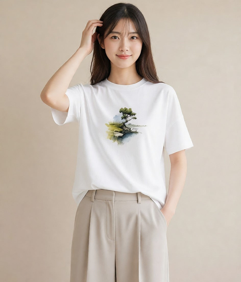 半袖Tシャツ レディース 盆栽 植物 ボタニカル イラスト 韓国風 部屋着 女性向けギフト 白T