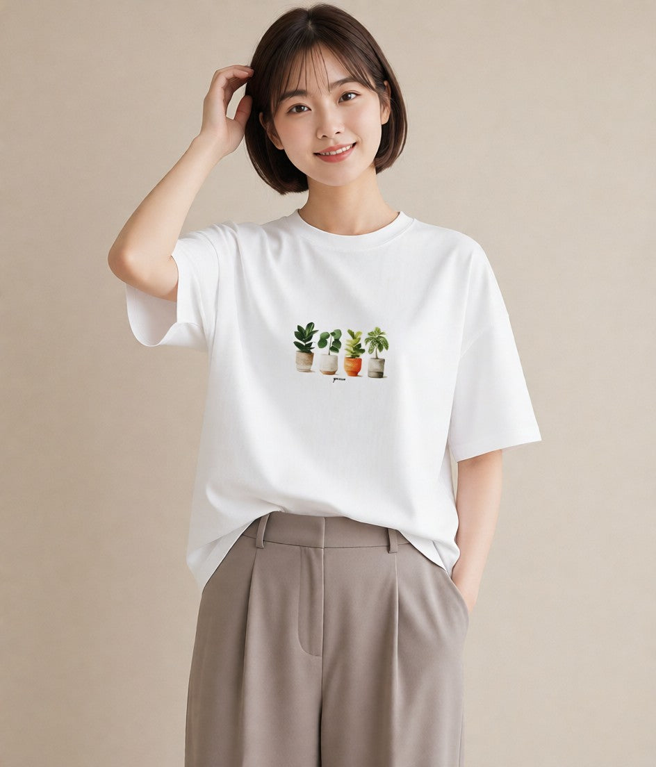 プリントTシャツ レディース 観葉植物 植物 ボタニカル イラスト 休日コーデ ホワイトデー 春服 白T