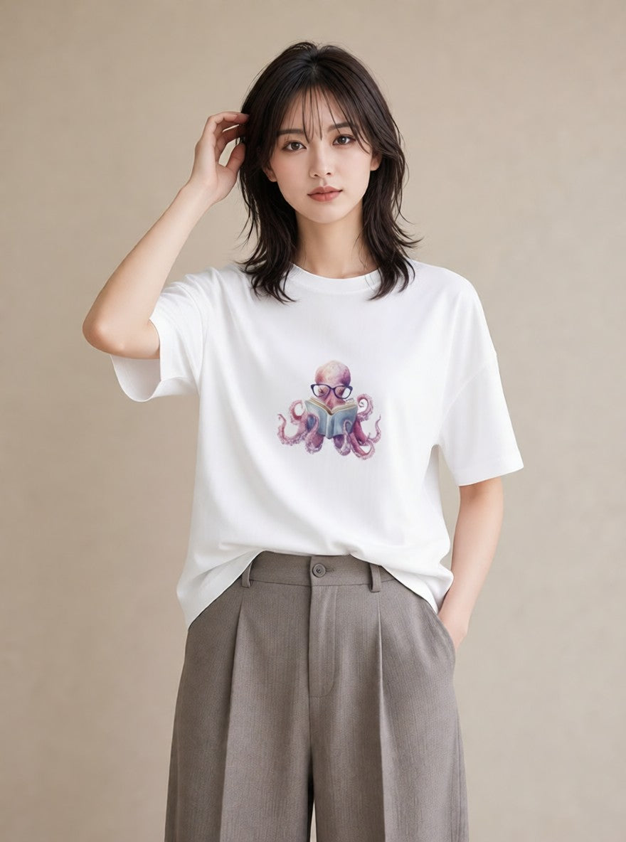 デザインTシャツ レディース タコ 海の生き物 海 イラスト 旅行コーデ 綿100 デート 白T