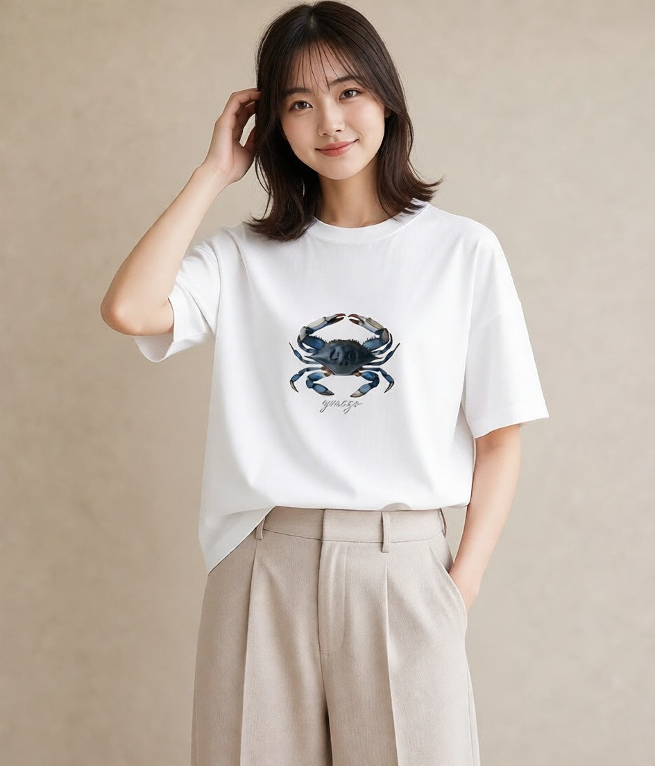 グラフィックTシャツ レディース カニ 海の生き物 海 イラスト きれいめカジュアル 母娘コーデ 自分用 白T