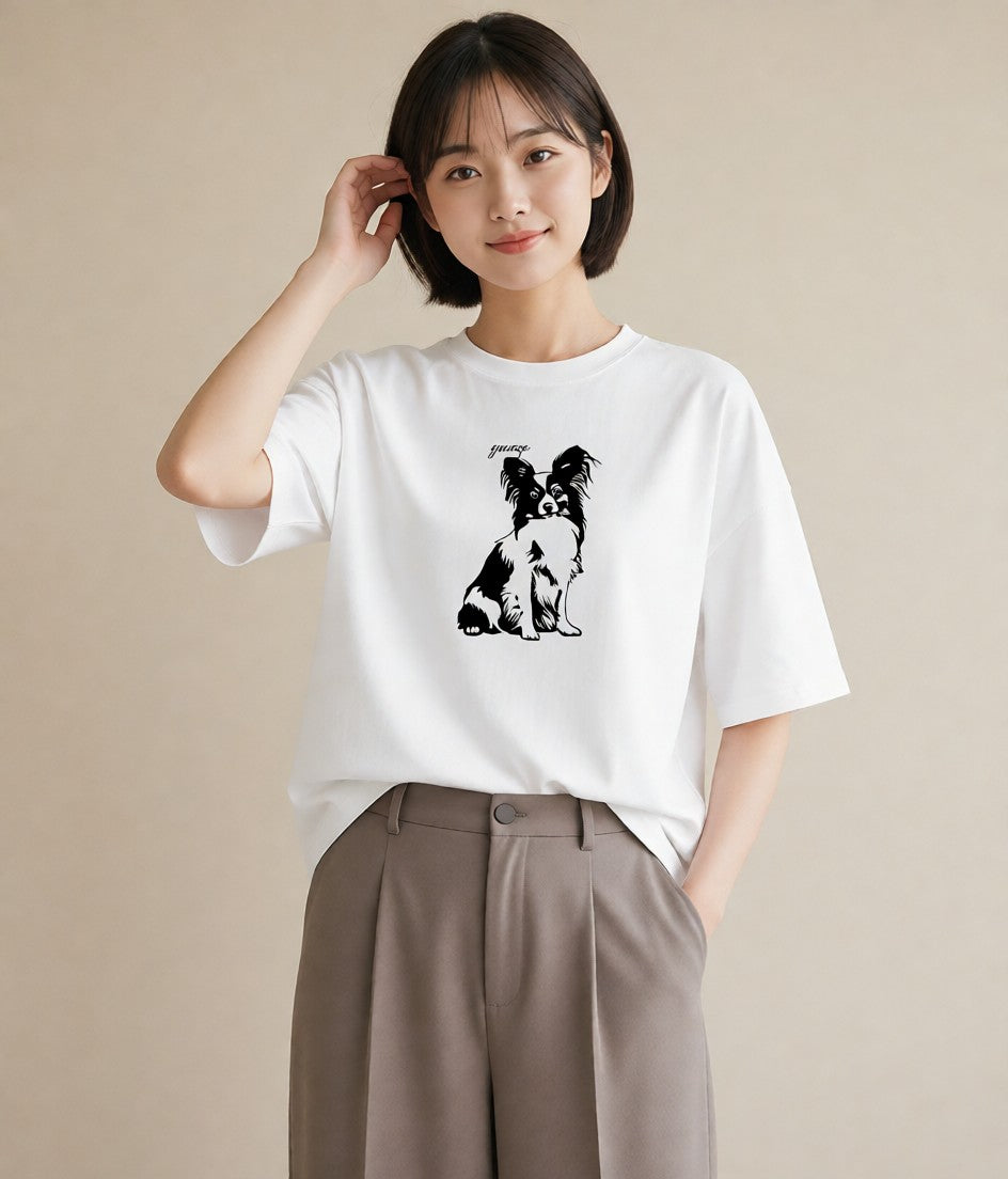 プリントTシャツ レディース パピヨン 犬 いぬ イラスト 線画 通学 誕生日プレゼント 白T