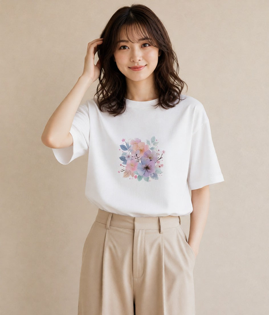 グラフィックTシャツ レディース 椿 花 花柄 イラスト ラフ 散歩 お出かけ 白T