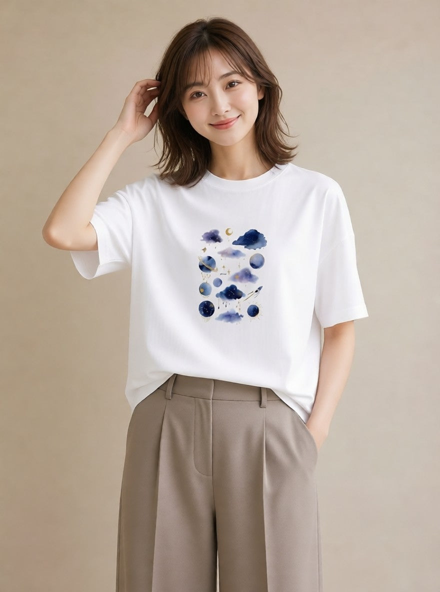 プリントTシャツ レディース 天秤座 星空 宇宙 イラスト こなれ感 通勤 在宅 白T