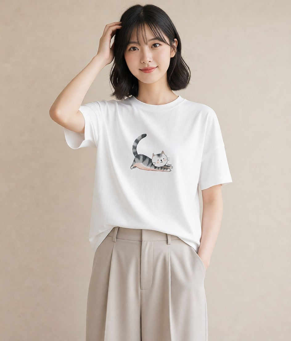 半袖Tシャツ レディース マンチカン 猫 ねこ イラスト カジュアル 在宅 公園 白T