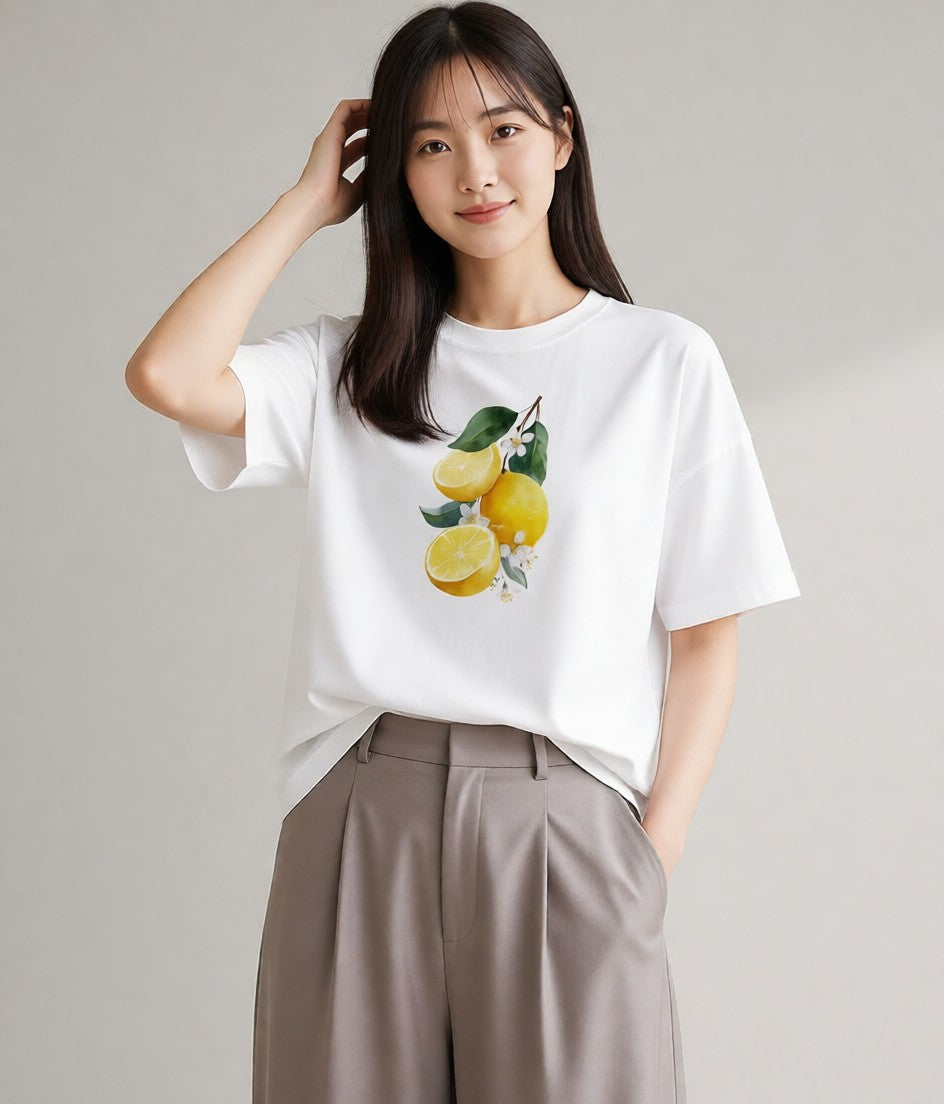 半袖Tシャツ レディース レモン 檸檬 食べ物 フード イラスト カフェコーデ 海 カフェ巡り 白T