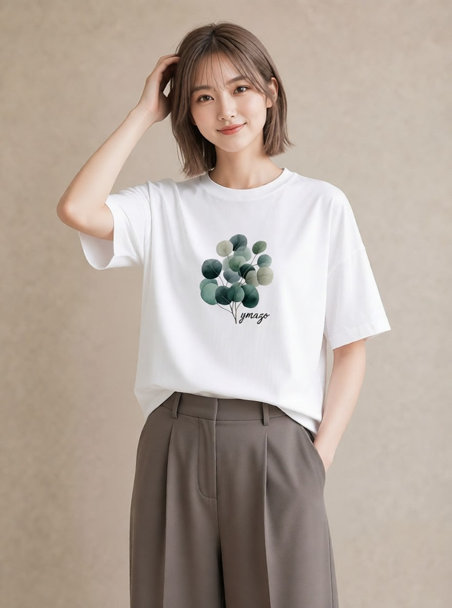 デザインTシャツ レディース 新緑 植物 ボタニカル イラスト 個性的 カジュアルコーデ 買い物 白T