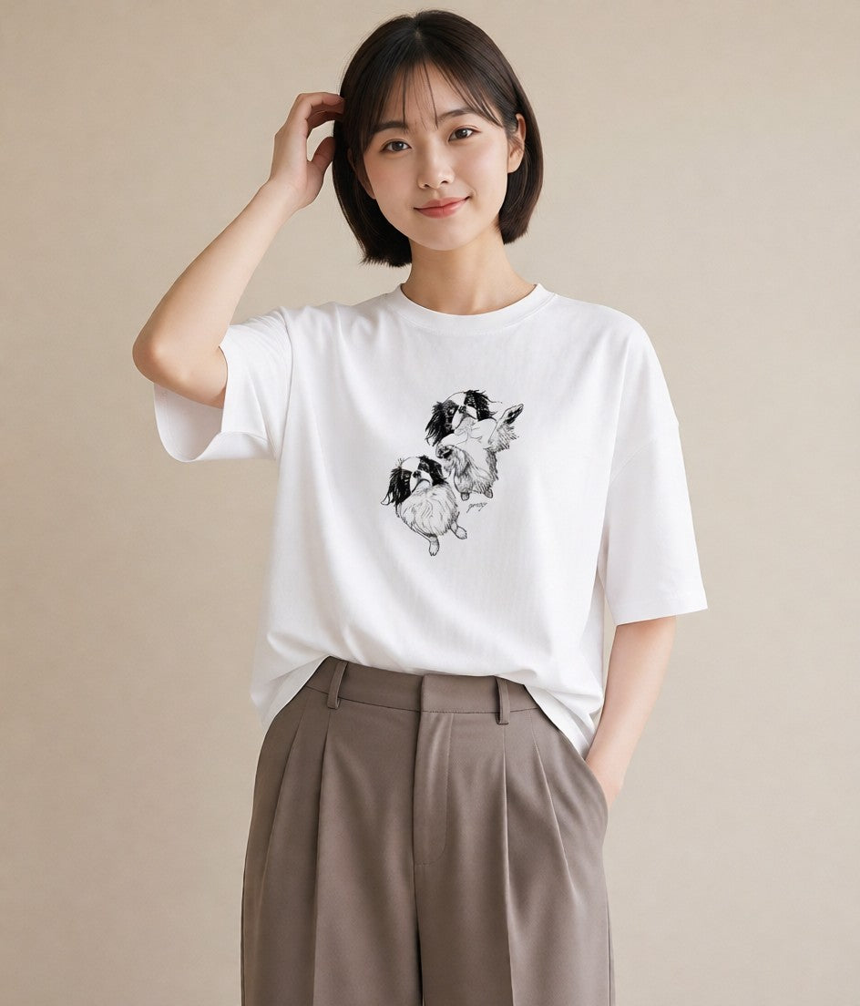 プリントTシャツ レディース 狆 犬 いぬ イラスト きれいめ 買い物 夏コーデ 白T